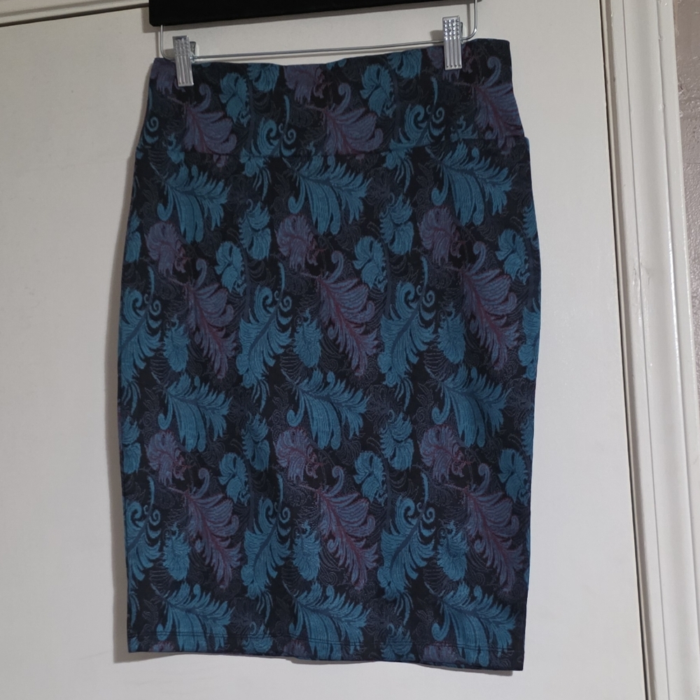 LuLaRoe Blue and Purple Leaf Pattern Pencil Skirt